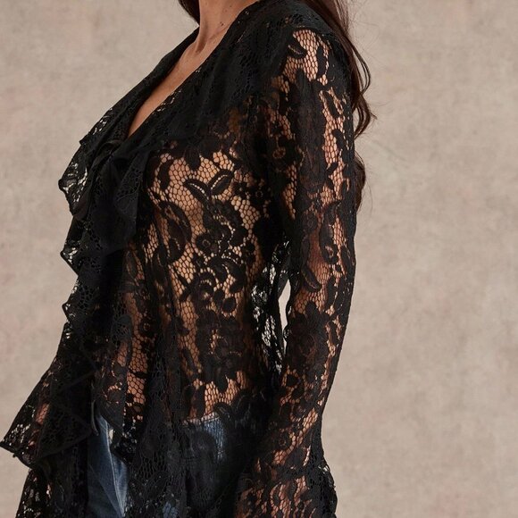 Black Elegant Women's Romantic Ruffled Lace Top Coat - Picture 7 of 7